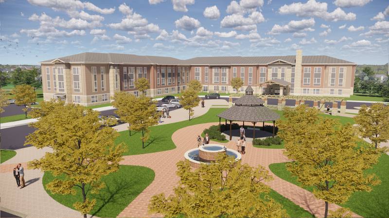 Architect's rendering of the three-story main building that will house assisted living and memory care units as part of the senior living development to be built on an 11 acre parcel at the northwest corner of Route 31 and West Washington Street adjoining Village Hall in Oswego.