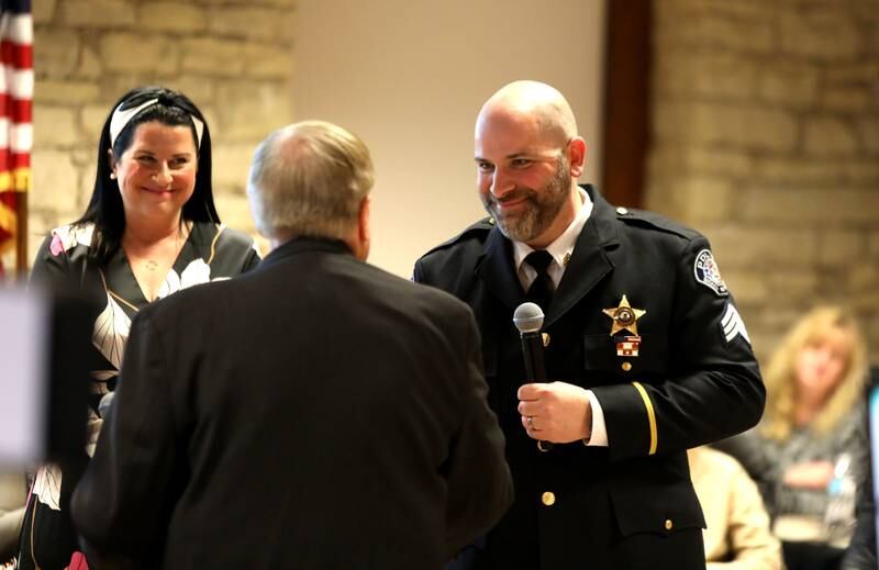 Gary La Barbera, with his wife, Whitney by his side, is sworn in as Batavia Deputy Police Chief on Monday, Jan. 6, 2025 by Batavia Mayor Jeffery Schielke during a city council meeting.