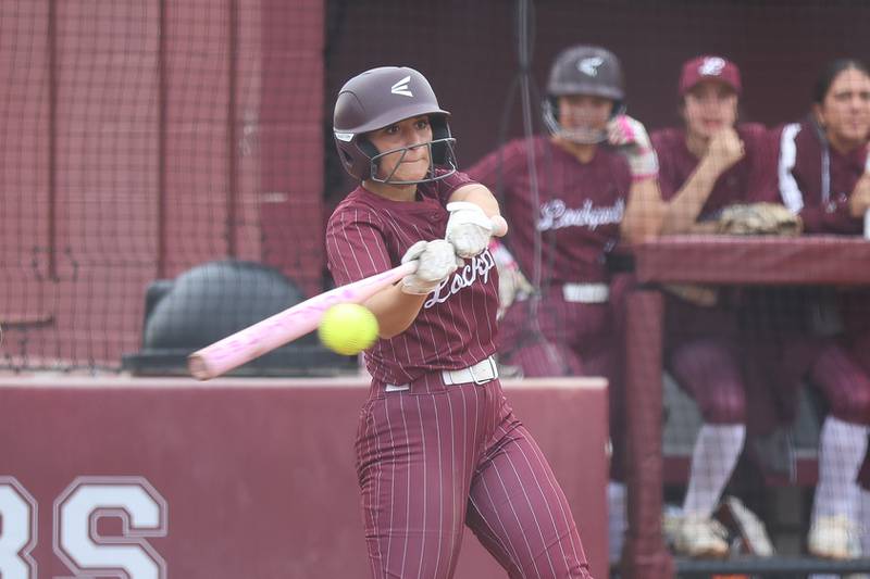 Lockport’s Giovanna Diciolla connects for a single against Lincoln-Way East on Monday, April 13, 2026 in Lockport.
