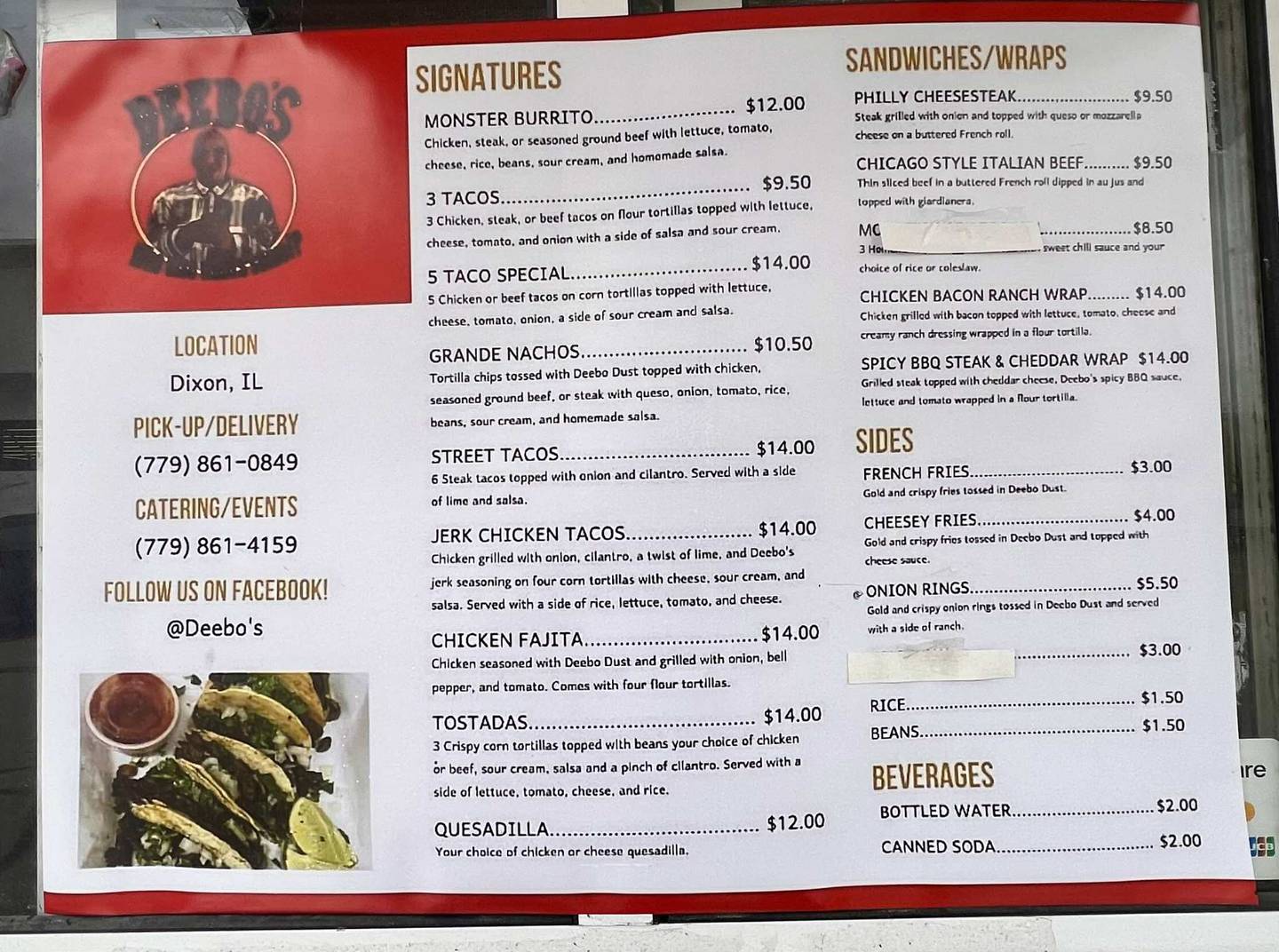 The menu at Deebo's food truck, located in the parking lot of the 301 North convenience store at 301 N. Galena Ave. in Dixon.