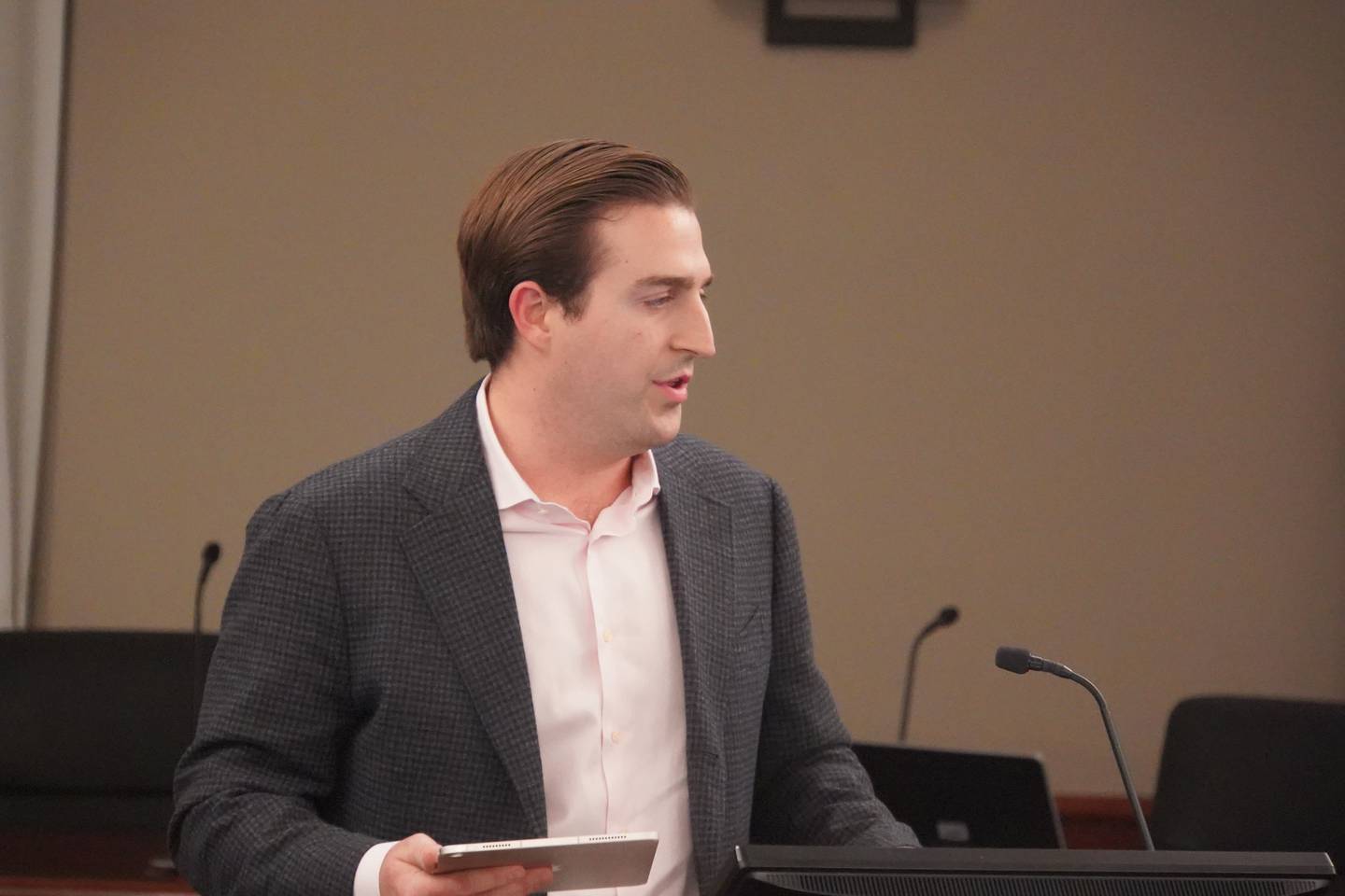 Zach La Motta of LFF Industrial speaks at a public meeting on Nov. 18, 2025 regarding a potential data center locating in Rochelle.