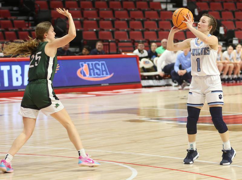 Cissna Park's Julia Edelman shoots a jump shot over St. Edward's Elizabeth Leadley during the Class 1A third place game on Friday, March 7, 2025 at CEFCU Arena in Normal.