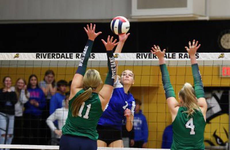 Princeton's Kathy Maciczak takes a hit against Peoria Notre Dame in Tuesday's sectional semifinals at Riverdale.