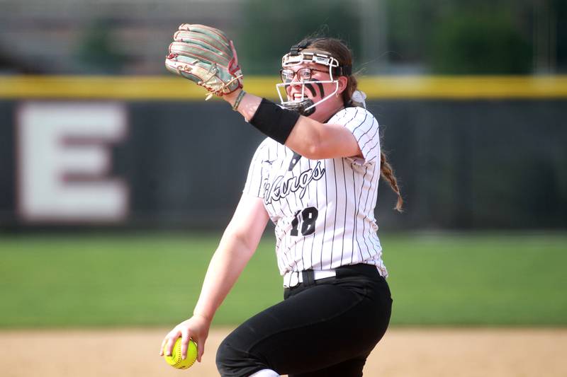 Madison Misch of St. Laurence pitches during a Class 3A Benedictine Supersectional against Montini on Monday, June 9, 2025 in Lisle.