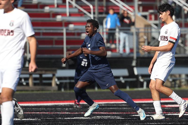 West Aurora’s Power Selemani reacts after scoring against Bolingbrook in the Class 3A Bolingbrook Regional championship match on Saturday, Oct. 26, 2024 in Bolingbrook.