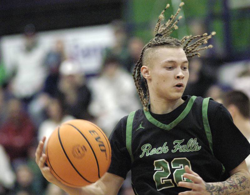 Rock Falls' Nehemiah Menendez brings the ball up court. Dixon hosted Rock Falls in boys basketball Friday, February 14, 2025 at Lancaster Gym at Dixon High School. Rock Falls won a hard fought game 48-46.
