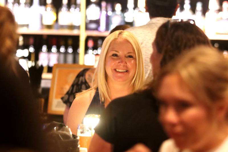 Northwest Herald Publisher Laura Shaw visits with others during Shaw Media's Best of the Fox celebration at Lou’s Lounge at the Dole in Crystal Lake on Thursday, Sept. 18, 2025.