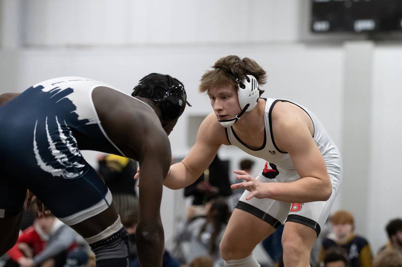Bradley-Bourbonnais Kayden Roach, right, and Chicago Hope's Arkail Griffin wrestle in the 175-pound championship match during the Reed-Custer Comet Classic Wrestling Invite on Saturday, Jan 17.