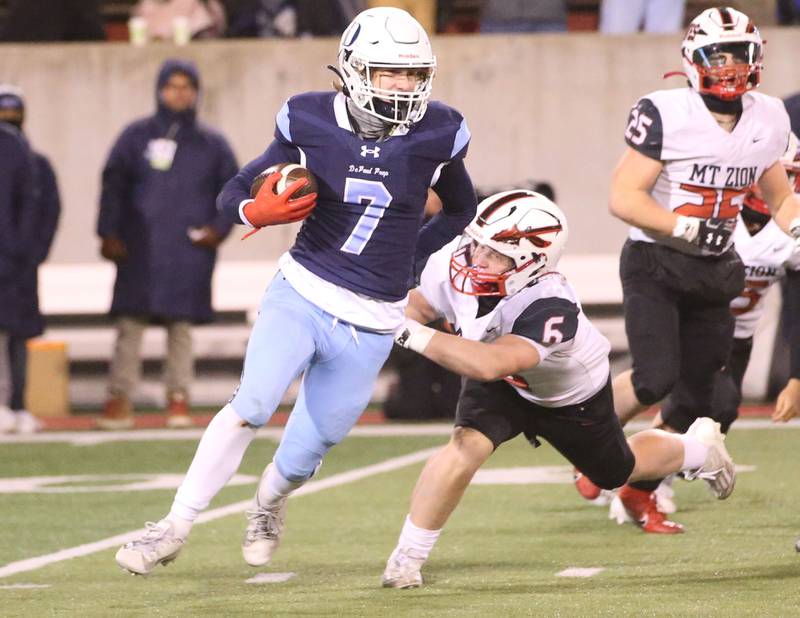 DePaul's Braden Peevy gets by Mt. Zion's Tristan Wirey during the Class 4A State football championship on Friday, Nov. 29, 2024 at Hancock Stadium in Normal.