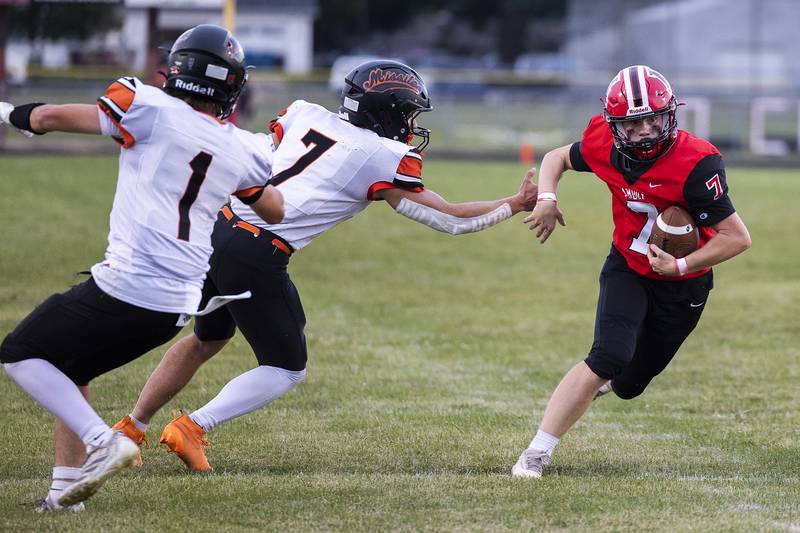 Amboy’s Tanner Welch eyes the end zone  against Milledgeville Friday, August 29, 2025, in Amboy.