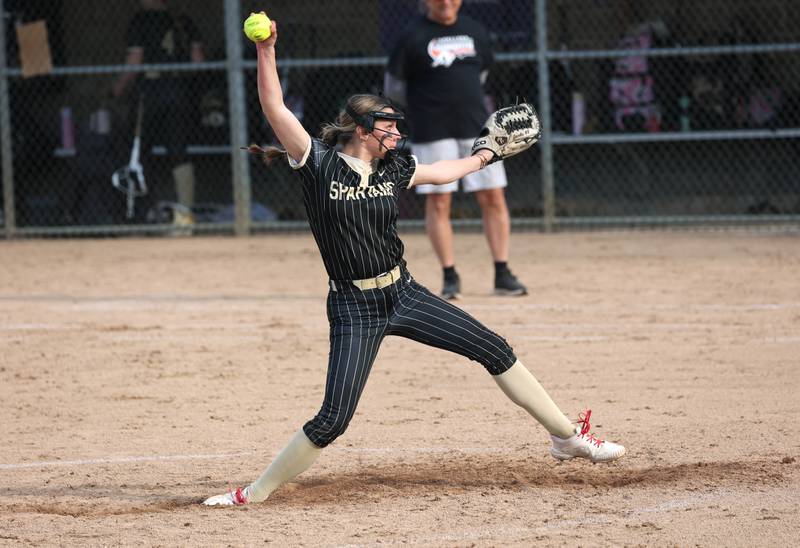 Sycamore's Bella Jacobs delivers a pitch Tuesday, April 22, 2025, during their game against Kaneland at Sycamore High School.