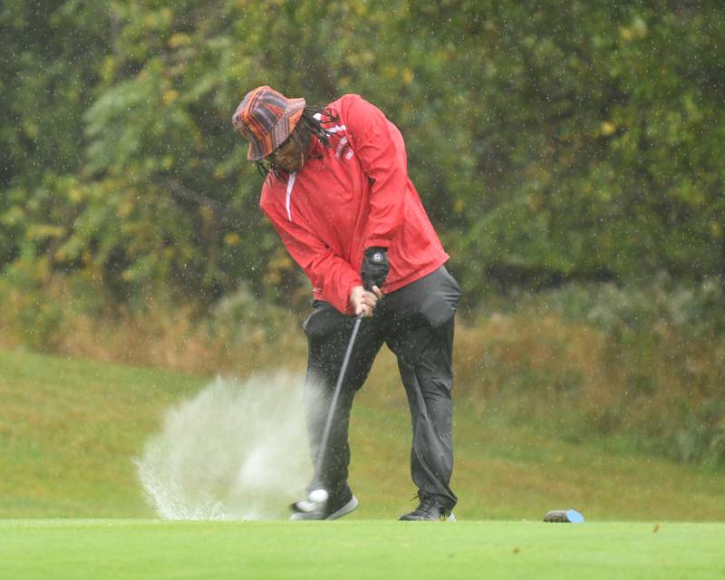 Proviso West's Joaquin Johnson tees of West Suburban golf match on Tuesday Sept. 24, 2024, held at Prairie Bluff Golf Course in Crest Hill. Where Joaquin got a hole in one earlier in the round.