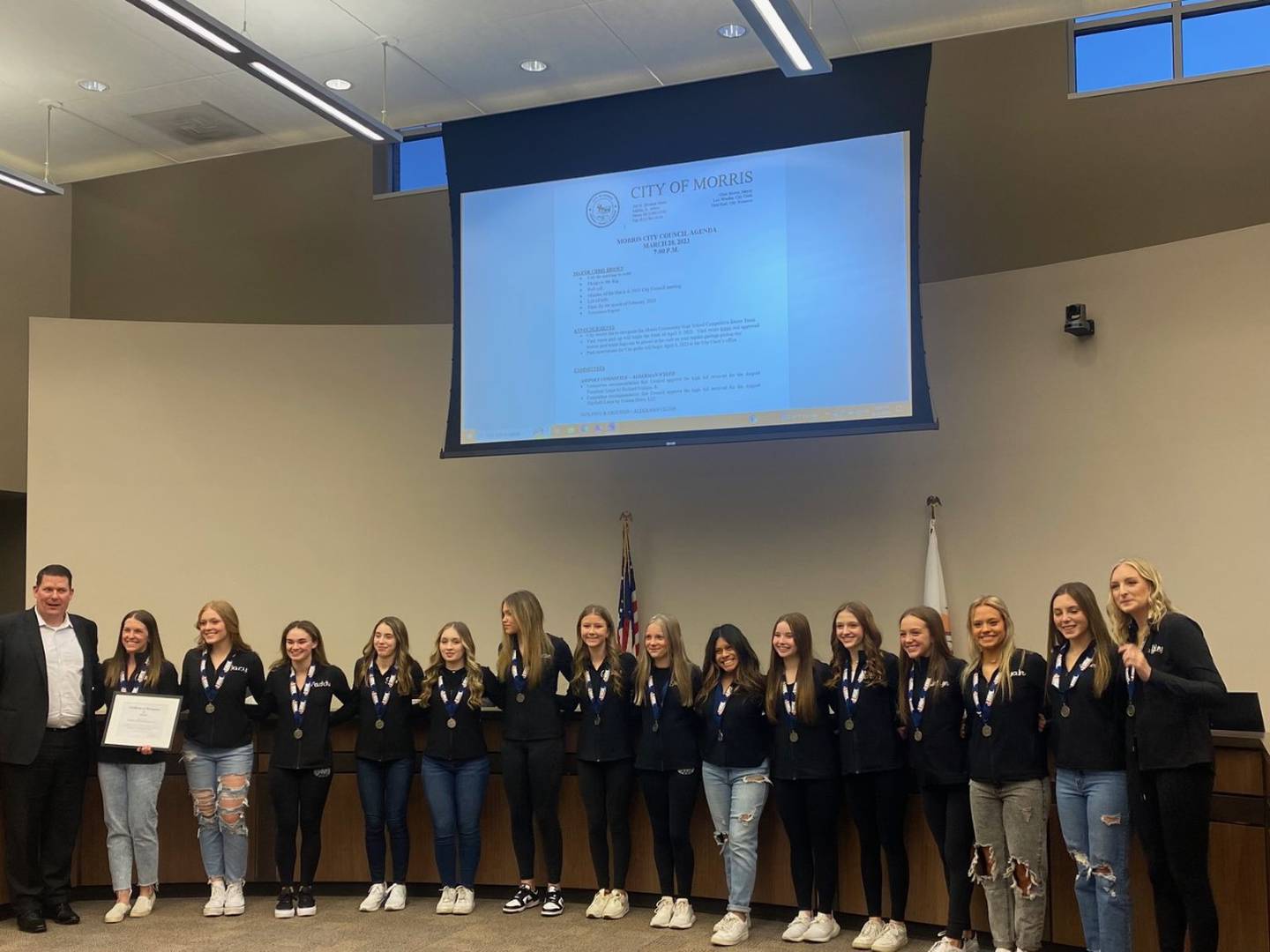 The Morris Community High School Varsity Pom Squad was recognized during Monday night’s city council meeting for their successful season.