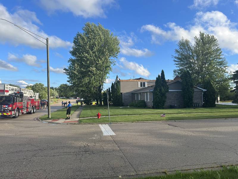 Fire officials respond to a Huntley home that had its roof torn off during severe weather on Wednesday, July 12, 2023. The National Weather Service on Thursday confirmed that an EF-1 tornado touched down in Huntley during the storm.