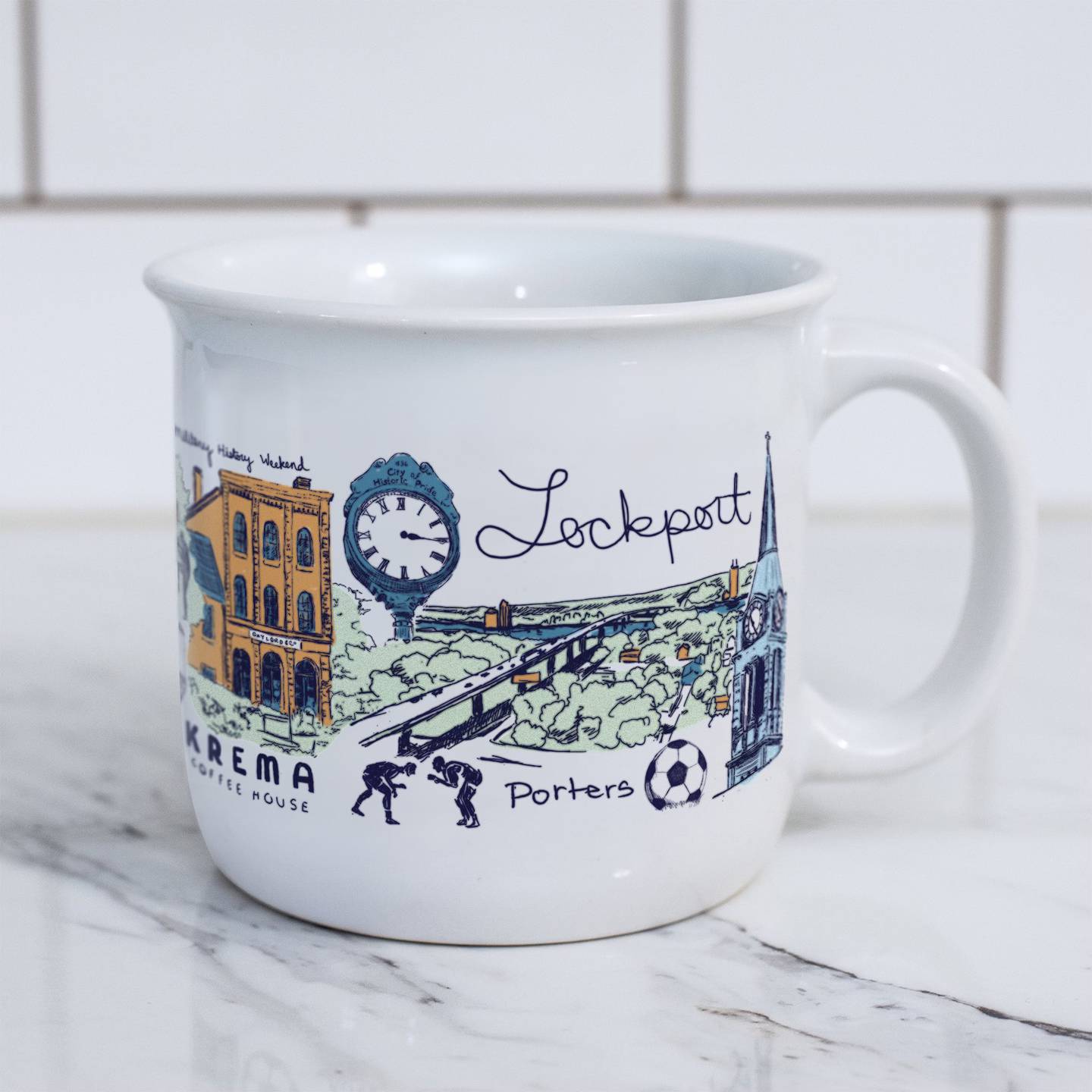 The Lockport mug designed by Ashley Ann Klockenga for Krema Coffee Roastery.