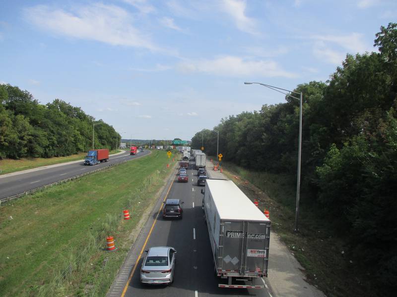 Interstate 80 traffic heading east from Wheeler Avenue in Joliet was tied up at about 1:30 p.m. Friday while westbound lanes were wide open west of the construction zone. Sept. 16, 2022.