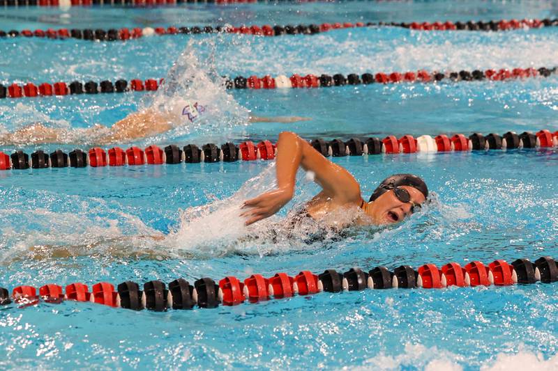 Bishop McNamara's Bailey Stewart competes in the 200-yard freestyle relay during Bradley-Bourbonnais' victory over Kankakee and Bishop McNamara in the All-City swim meet on Tuesday, Sept. 9, 2025.