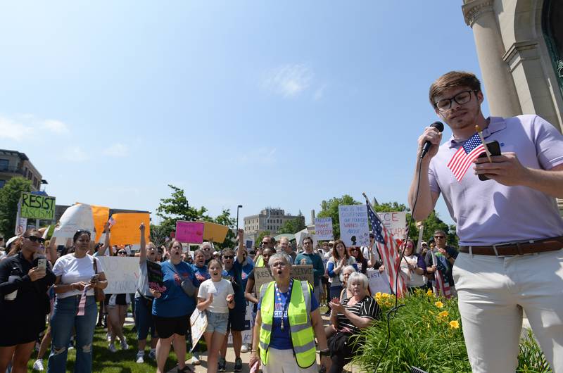DuPage County Board Member Andrew Honig speaks to approximately 1,200 people at Glos Memorial Park during nationwide No Kings Day Rally Saturday June 14, 2025. Andrew discussed the current administration's efforts in taking rights away from Americans.