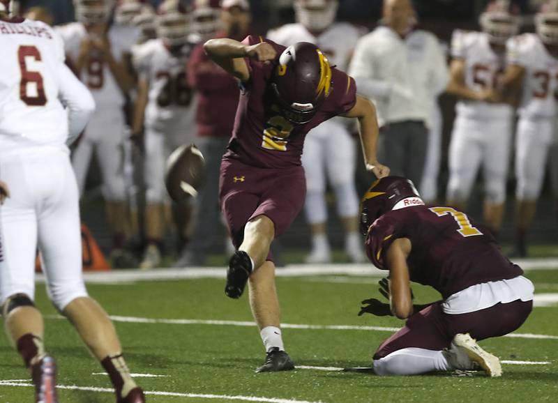 Richmond-Burton's Jeff Lehn kicks a ffield goal during a Kishwaukee River Conference / Interstate 8 Conference crossover football game Friday, Sept. 30, 2022, between Richmond-Burton and Morris at Richmond-Burton Community High School in Richmond.