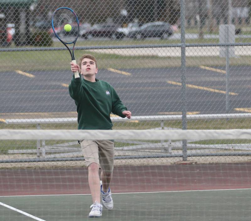St. Bede's Noah Buck plays tennis at the L-P Athletic Complex on Monday, April 3, 2023 in La Salle.