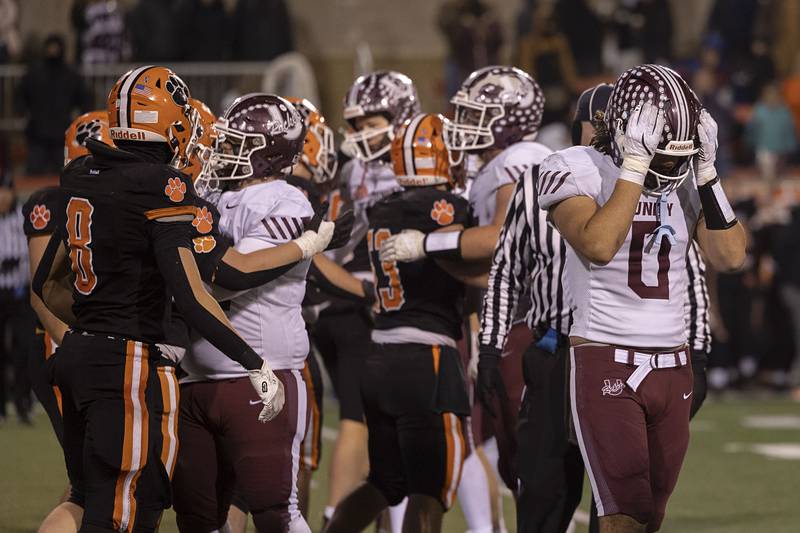 Tolono-Unity's Desmond Winfrey walks off the field as time expires Friday, Nov. 28, 2025, in the Class 3A football finals at Hancock Stadium at ISU.