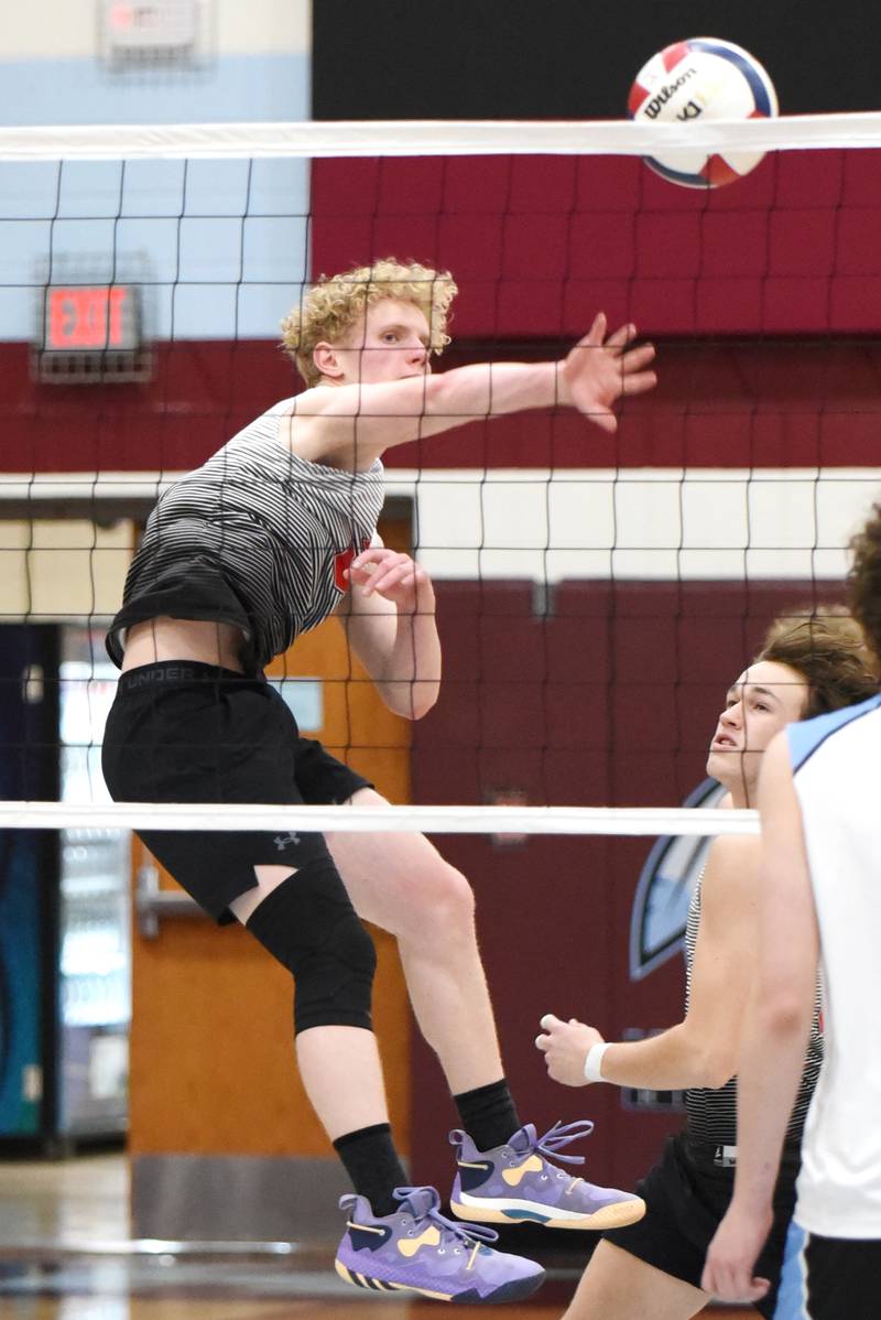 Bradley-Bourbonnais' Eli Hoekman sends the ball over during the Boilermakers' All-City game at Kankakee Thursday, April 10, 2025.