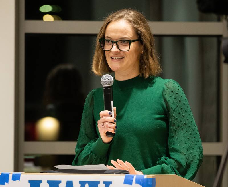 Geneva Fourth Ward Candidate Martha Paschke speaks during the League of Women Voters' Public Forum  at the Geneva Public Library  on Thursday, Feb. 16, 2023.