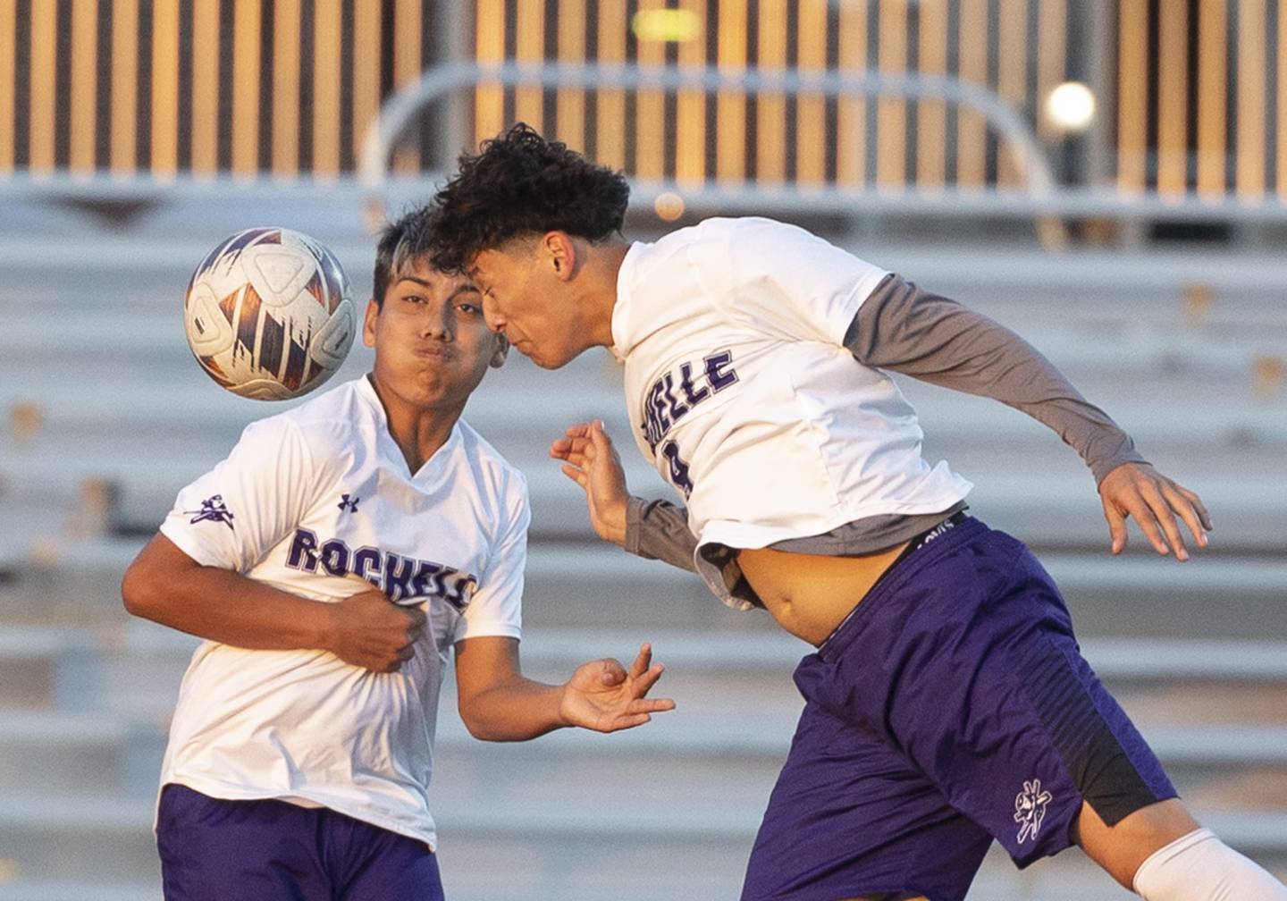 Rochelle’s Yandel Mendez heads the ball towards the goal against Sterling Thursday, Sept. 4, 2025.