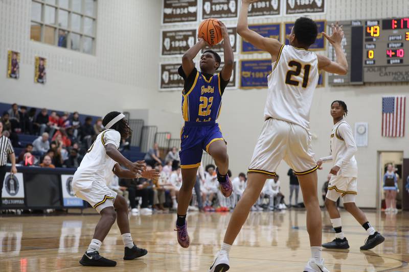 Joliet Central’s Amarion Bradley takes a shot against Joliet Catholic on Tuesday, Jan 20, 2026 in Joliet.