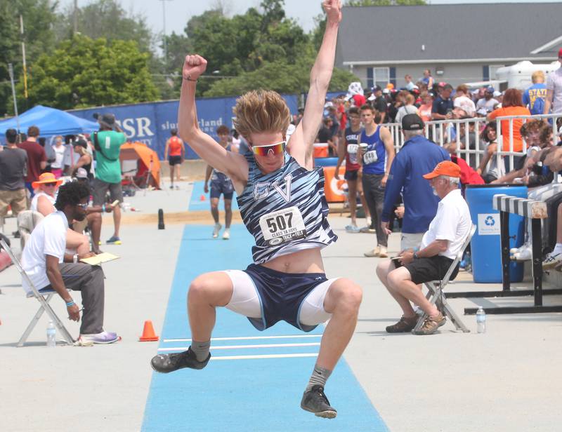 Bureau Valley's Justin Moon competes in the long jump during the IHSA Class 1A Boys Track & Field State Finals on Saturday, May 31, 2025 at Eastern Illinois University in Charleston.