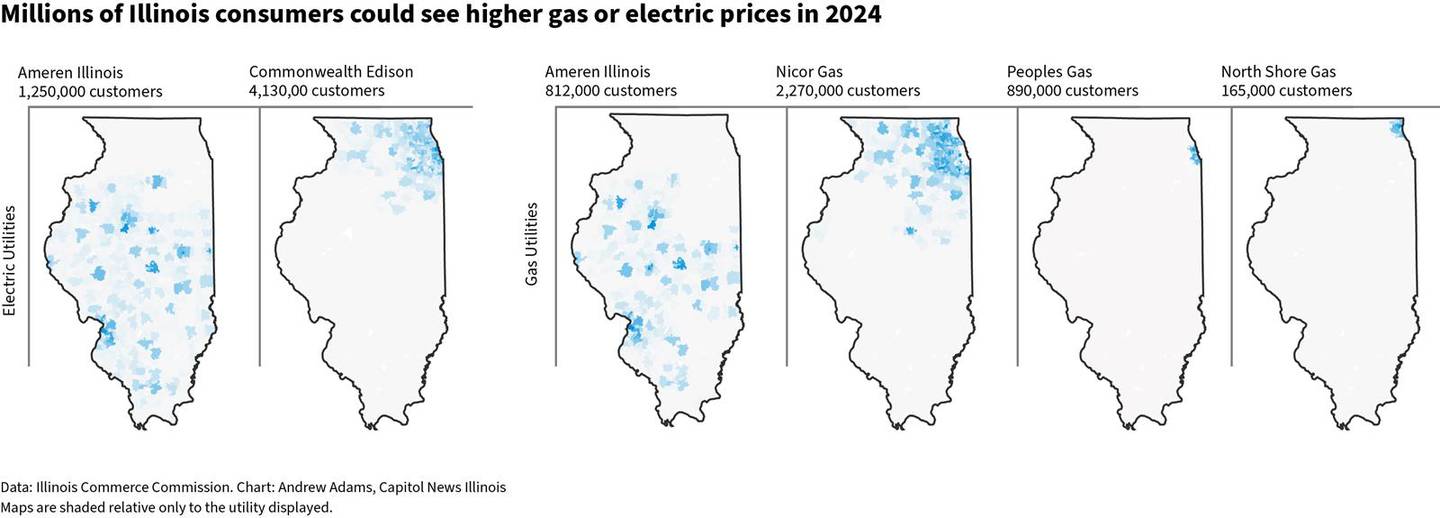 The graphic shows the areas of the state where consumers will be affected by proposed rate increases sought by six electric and gas utilities.