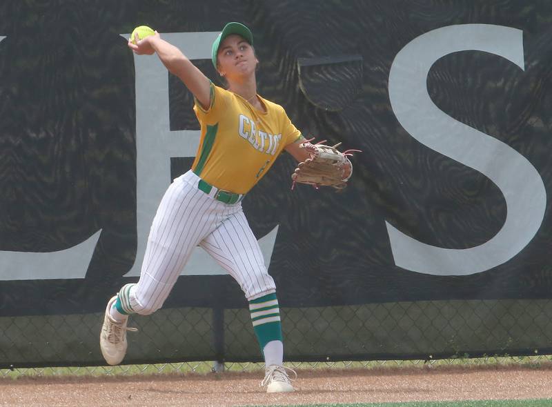 Providence Catholic's Mia Vassalla throws the ball back to the infield after fielding a ground ball in left field against Chatham during the Class 3A State finals game on Saturday, June 14, 2025 at the Louisville Slugger Sports Complex in Peoria.