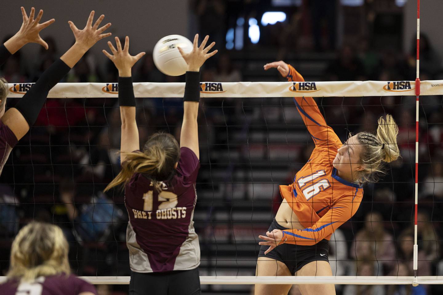 Genoa-Kingston’s Alayna Pierce hammers a shot Friday, Nov. 11, 2022 in the class 2A semifinal game against IVC.