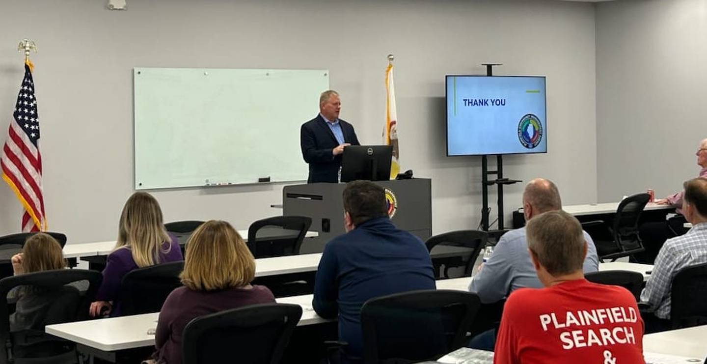 Retired Plainfield Police Chief John Konopek Jr. speaks at the dedication ceremony for for the new Plainfield Emergency Management Agency Center named in his honor on October 2024.