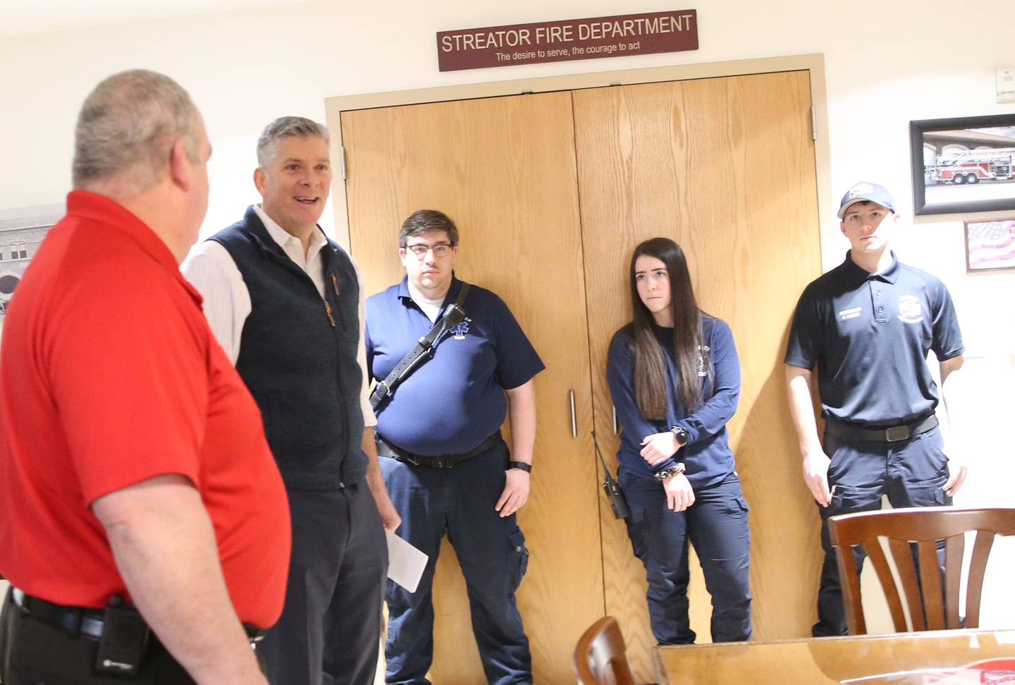 U.S. Rep. Darin LaHood (R-Illinois) meets with Streator Fire Chief Gary Bird and other firefighters as he tours the fire department on Tuesday, Feb. 14, 2023 in Streator.