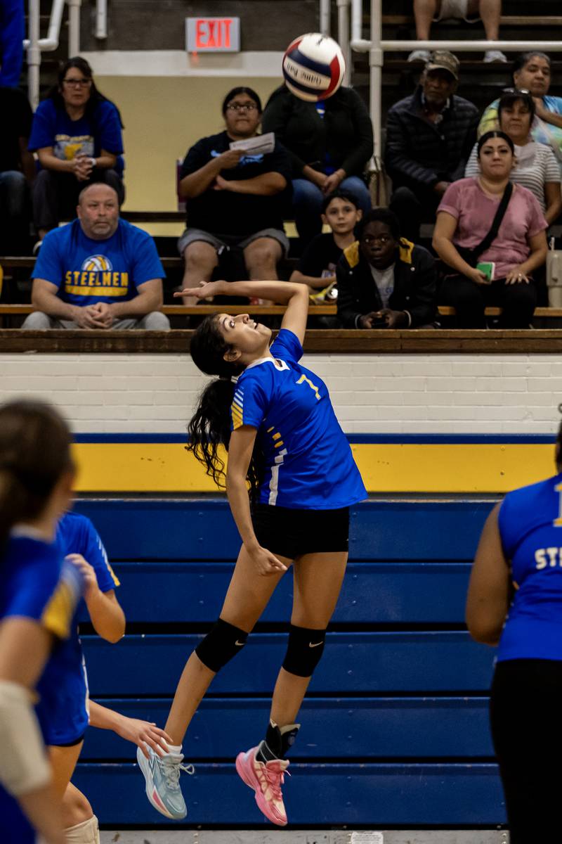 Joliet Central's Jasmin Gonzalez Guzman goes for a kill during a varsity volleyball home game against Plainfield South on Sept. 18, 2025.