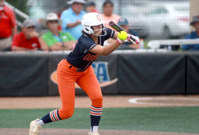 Oswego's Sabrina Zamora bunts during a IHSA Class 4A state semifinal game against Oak Park-River Forest on Friday, June 13, 2025 at the Louisville Slugger Sports Complex in Peoria.