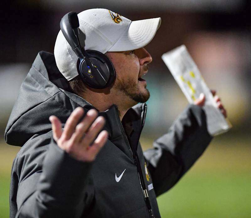 Jacob's head coach Brian Zimmerman argues a call during their game against Normal in the IHSA Class 7A second-round playoff Friday, Nov. 5, 2021 at H.D. Jacobs High School in Algonquin.