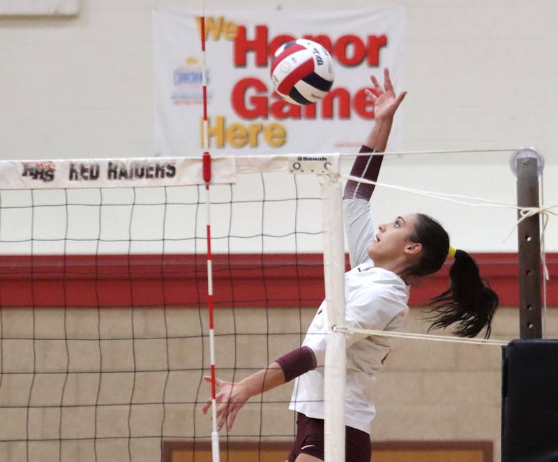 Prairie Ridge’s Maizy Agnello hits the ball in varsity girls volleyball at Huntley High School in Huntley on Thursday, Sept. 11, 2025.