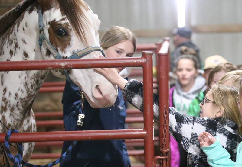 Payton Fruteh (left) shows off her painted horse as Kyra Gibson of Bureau Valley Elementary School pets her during the Bureau County Ag. Fair on Thursday, March 21, 2024 in Princeton. The Ag Fair is a daylong event at the Bureau County Fairgrounds in which students make times stops at multiple stations. There are fourteen different learning centers specializing in dairy, embryology, safety, pork, corn, seed science, conservation, beef, soybeans, pollination, technology, equipment, and large and small animals.