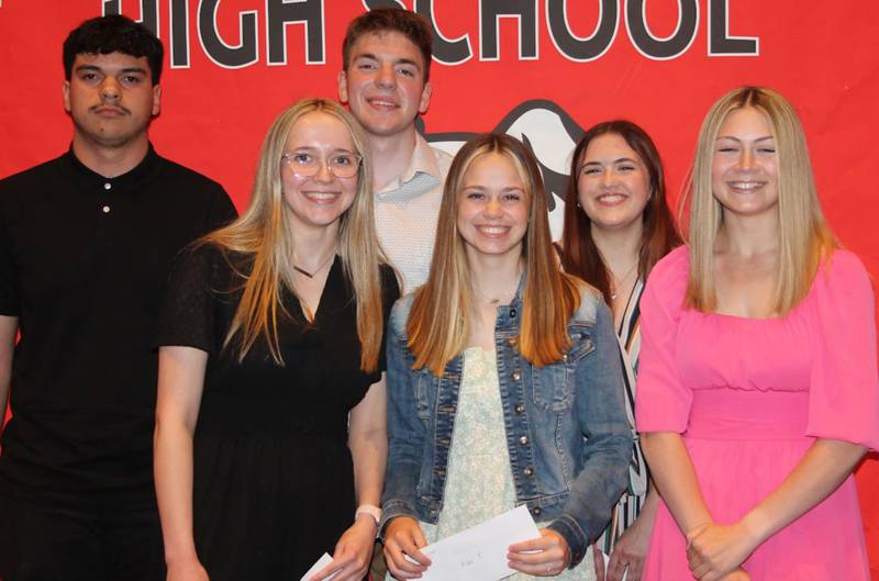 Six Streator High School students received  Outstanding Student Awards during the 2023-24 Student-Employer-Parent Recognition Night for the Tech-Prep, STEP, CWT and CO-OP programs Wednesday, May 1, 2024. Recipients include (front row, from left) Sophia Pence, Rilee Talty and Breanna Perrotta; (back row)  Juan Hernandez, Cade Peterson and Kaylee Dzurisin.