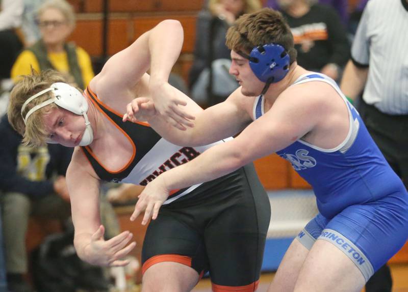 Sandwich's Kaden Clevenger wrestles Princeton's Rhett Pearson during the Class 1A Regional meet on Saturday, Jan. 31, 2026 at Princeton High School.