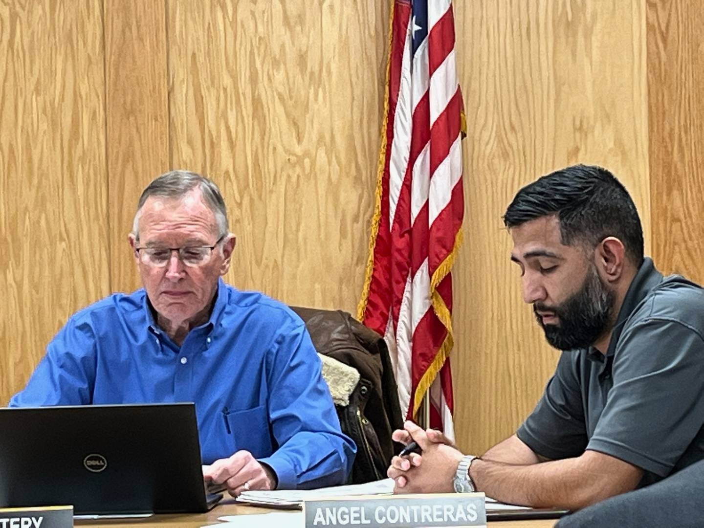 Joliet Township Trustee Ray Slattery (right) and Joliet Township Supervisor Angel Contreras at the township board meeting on Tuesday, March 8, 2021.
