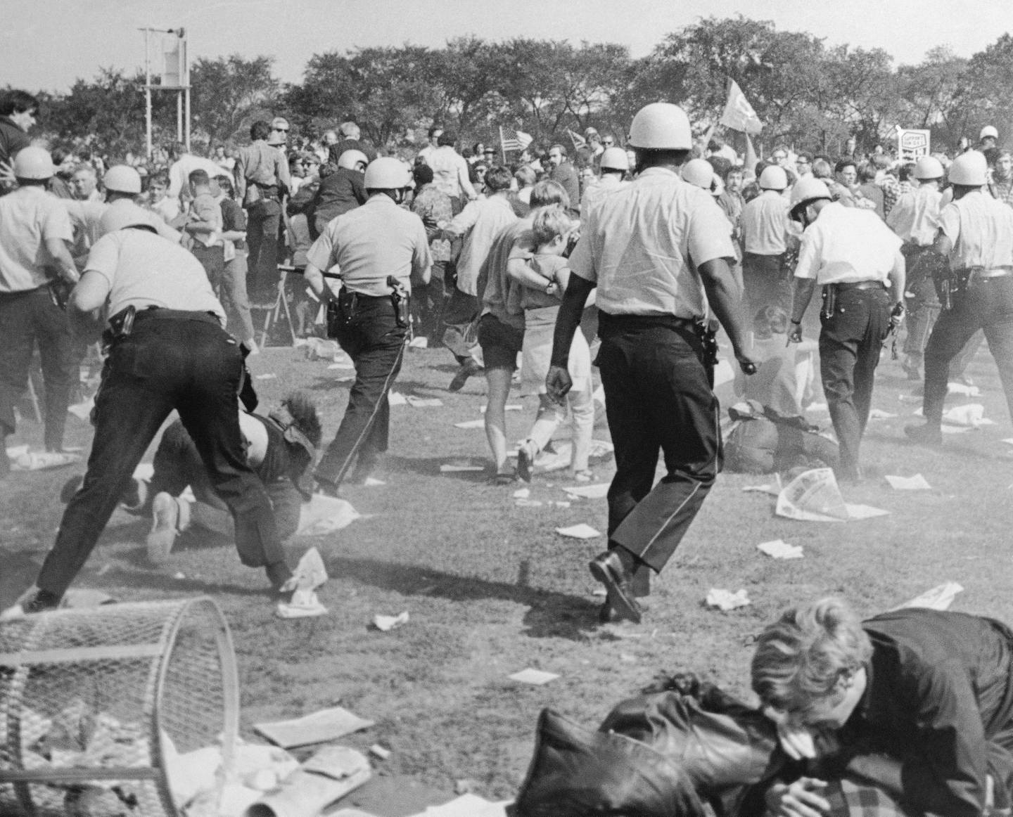 Police reroute demonstrators as they try to clear Grant Park during the Democratic National Convention in Chicago on Aug. 28, 1968.