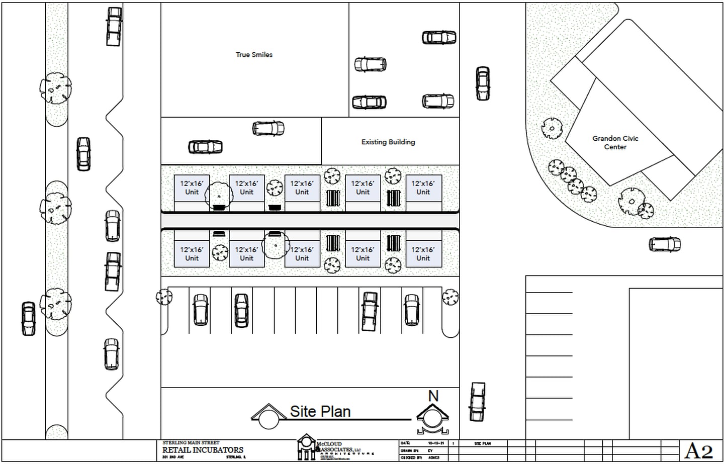 The site plan for Sterling Main Street's retail incubator, Shoppes at Grandon Plaza.
