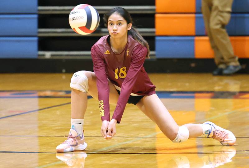 Montini's Francesca Lorenzo receives a serve during their match against Genoa-Kingston Tuesday, Sep. 5, 2023, at Genoa-Kingston High School.