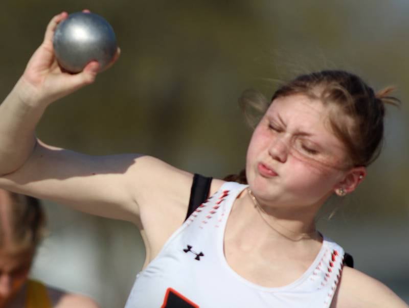 McHenry’s Lilliana Rasmussen competes in the shot put during the McHenry County Track and Field Meet at McCracken Field on Thursday, April 24, 2025, in McHenry