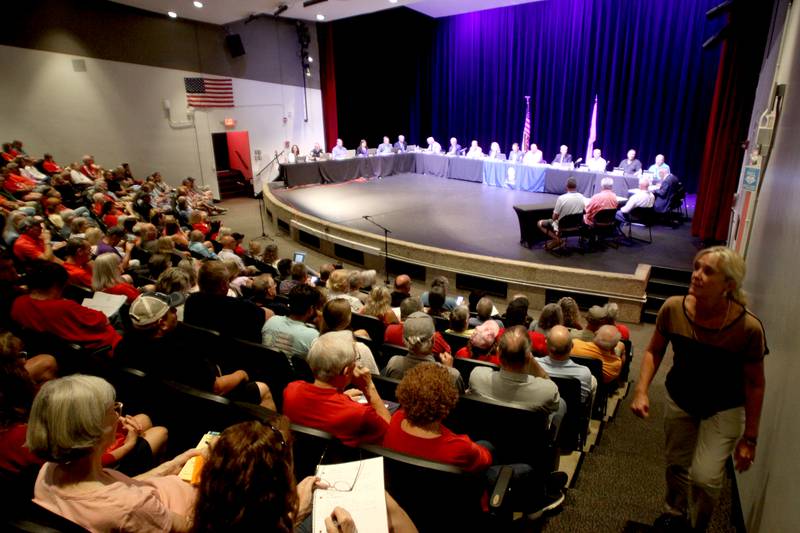 The McHenry City Council on Monday, Aug. 7, 2023, addressed a Jack Pease proposal to mine 110 acres at Route 120 and Chapel Hill Road. The meeting was held in McHenry High School’s Upper Campus auditorium.