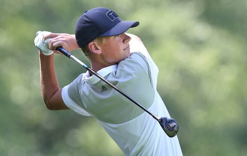 Geneva's Austin Frick tees off on the 7th hole Monday, Aug. 22, 2022, during the Mark Rolfing Cup at Kishwaukee Country Club in DeKalb.