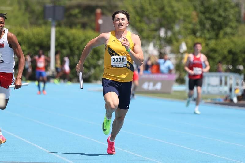 Sterling’s Cale Ledergerber heads for the finish line in the Class 2A 4x100 Relay State Finals on Saturday, May 27, 2023 in Charleston.